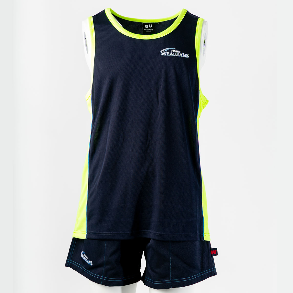 Birdseye Polyester Singlet with Rugby Shorts featuring embrodiered logos and Red W side seam tag