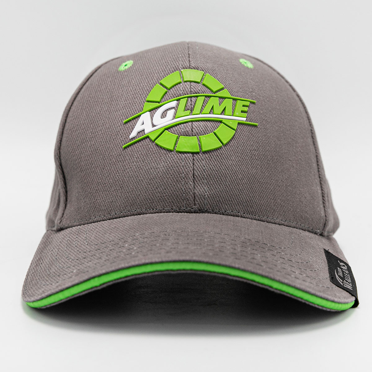 Grey Cap with Silicone Front Logo, Printed Peak Tag, contrast eyelets and sandwich