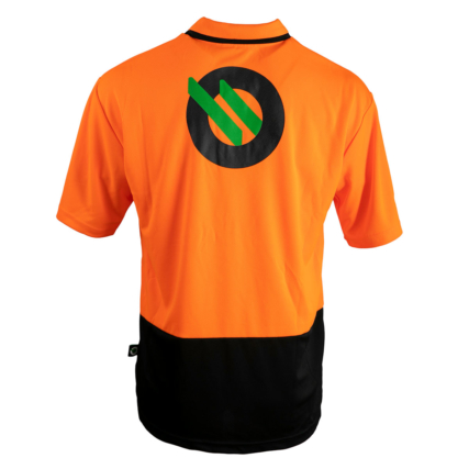 High Vis Birdseye Polyester Polo Shirt with Screen Printed large logo on reverse and printed logo side seam tag